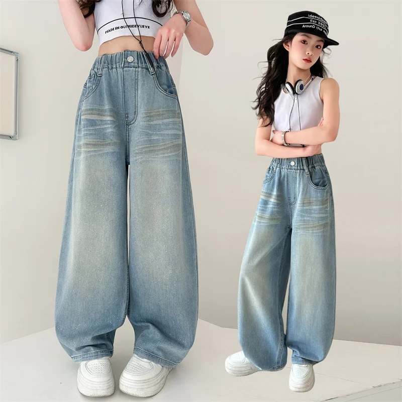 

New Summer Kids Street Loose Straight Simple Jeans for Girls Fashion Denim Wide Leg Pants Children Casual Trousers 5-14Years Old