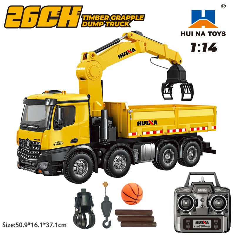 HUINA Model 1:14 26 Channel Alloy Remote Control Dump Truck With Wood Grabbing 3in1 RC Simulation Construction Vehicle Toy Car