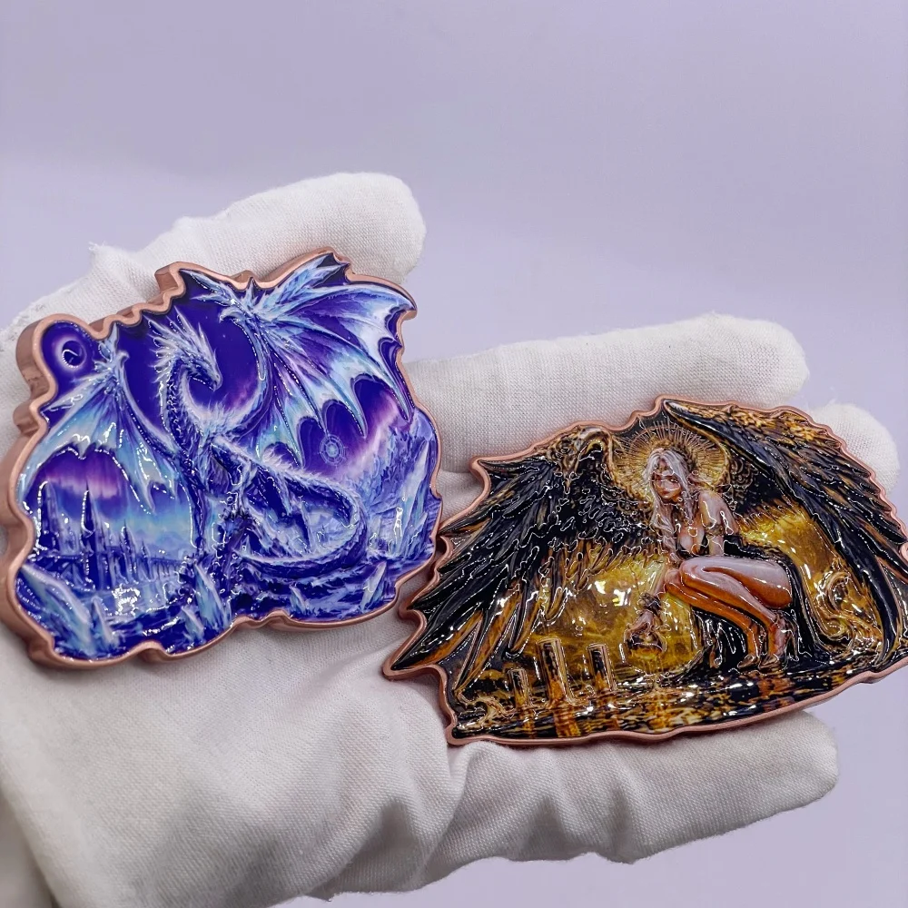 5oz Pure Copper Challenge Coin Irregular Shaped Colorful Printed Dark Angel&Ice Dragon Relief Copper Collectible Coins