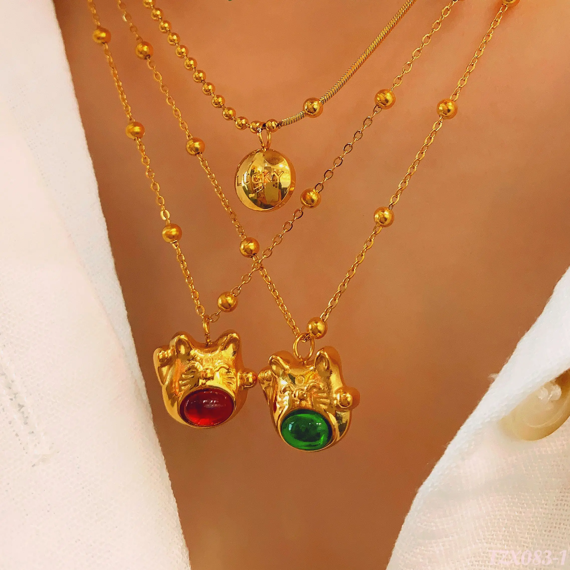 

CARLIDANA Cute Cat Necklace Stainless Steel Natural Stone Ball Pendant 18k Gold Plated Crystal Fashion Jewelry Necklace Choker