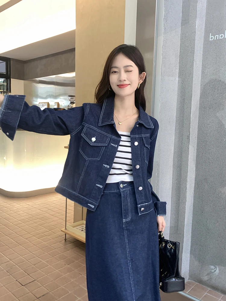 Autumn Winter Denim Two-piece Set For Women Lapel Collar Jacket Tops And Pencil Skirt Female Large Size 3XL Blue Matching Suits