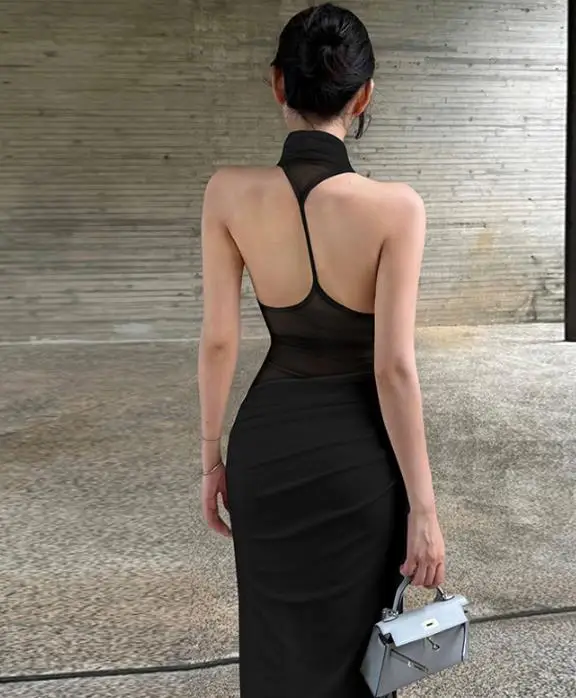 

Women Dress 2026 Spring New Fashion Sexy Slimming Hanging V-Neck Backless Mesh Patchwork Slim Fit Temperament Long Dress