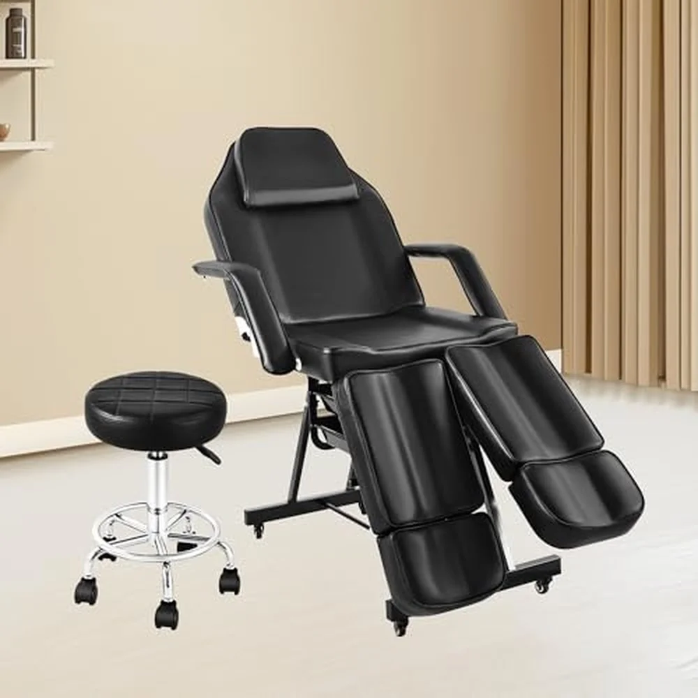 Black Tattoo Chair for Client with Wheel Facial Table for Esthetician with Split Legs Adjustable Armrest & Footrest