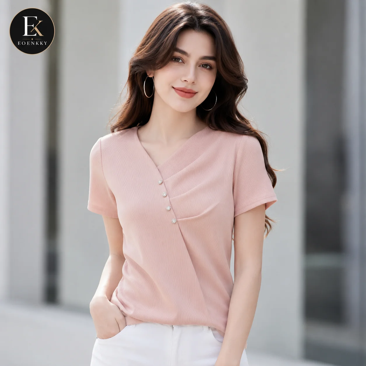 EOENKKY Damen-T-Shirt mit Rippenmuster, Sommer, überkreuzter V-Ausschnitt, kurze Ärmel, schmale Passform, Baumwollmischung, Knopfleiste, lässiges Oberteil, S-3XL