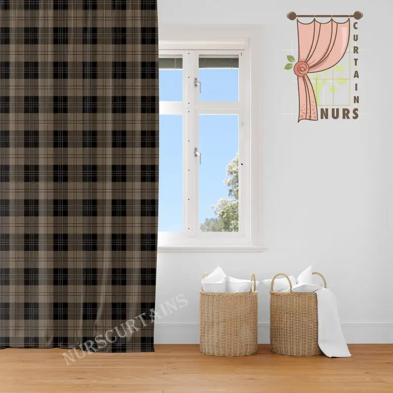 Tartan Plaid Blackout Curtain: Brown Line Decorative Pattern