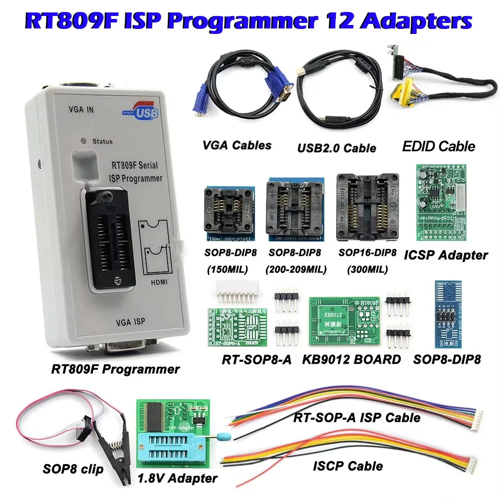 

RT809F ISP Programmer With 12 Adapters LCD USB Eeprom 24 25 93 Series IC Chip Car Repair Tools