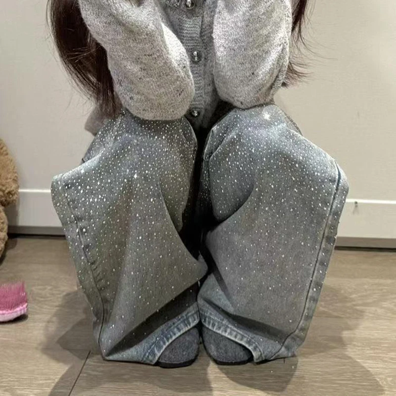 Women Bling Rhinestone Jeans Y2K Baggy Wide Leg Denim Pants Embellished Loose Fit High Waist Streetwear Long Trousers