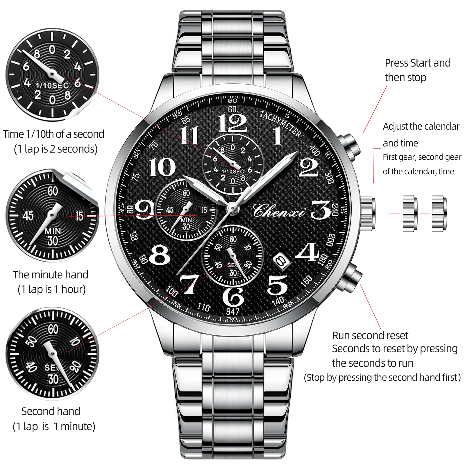 Chenxi 947 Original Men's Watches Classic Multifunctional Silver Stopwatch Quartz Wristwatch Waterproof reloj