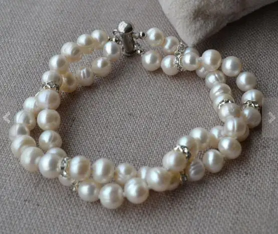 

Wedding Pearl Bracelet,White 7-8mm Genuine Freshwater Pearl Rhinestone Jewelry,Handmade Birthday Party Charming Lady Girl Gift