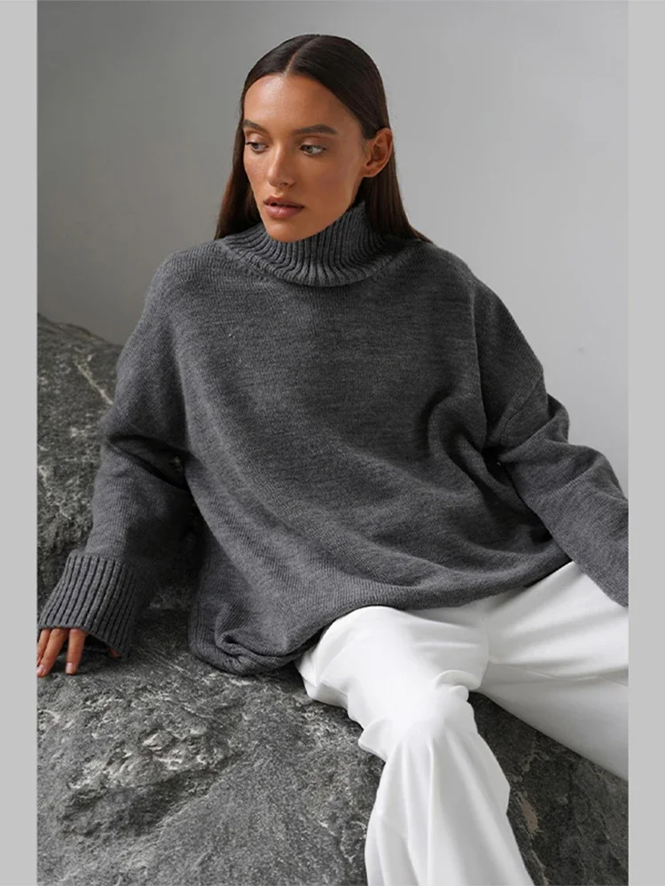 Women's Turtleneck Oversize Cashmere Sweaters Vintage Long Sleeve Knitted Red Brown Sweater Pullover 2024 New All-match Knitwear