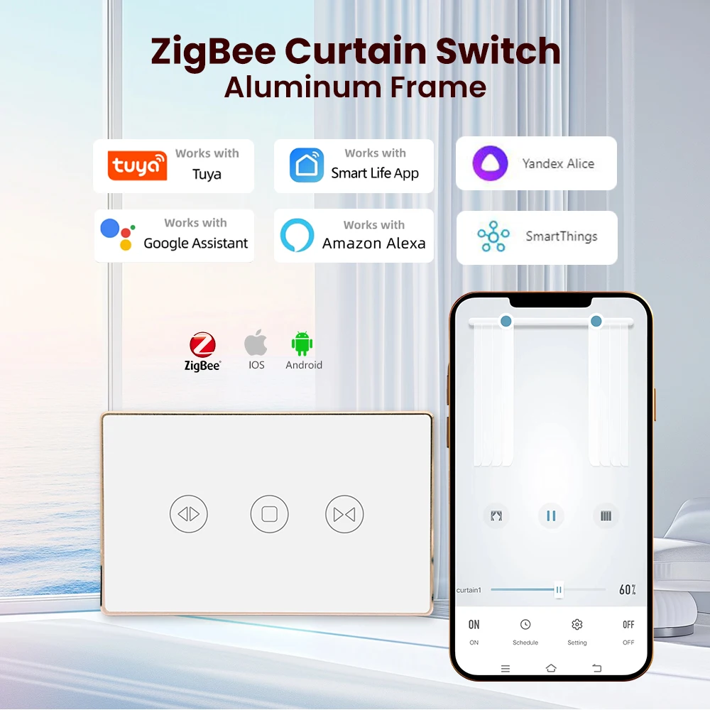 LOUYSGEN Zigbee Curtains Blinds Switch Gold Aluminum Frame Roller Shutters Motor Switch Backlight Style Google Home Alexa Tuya