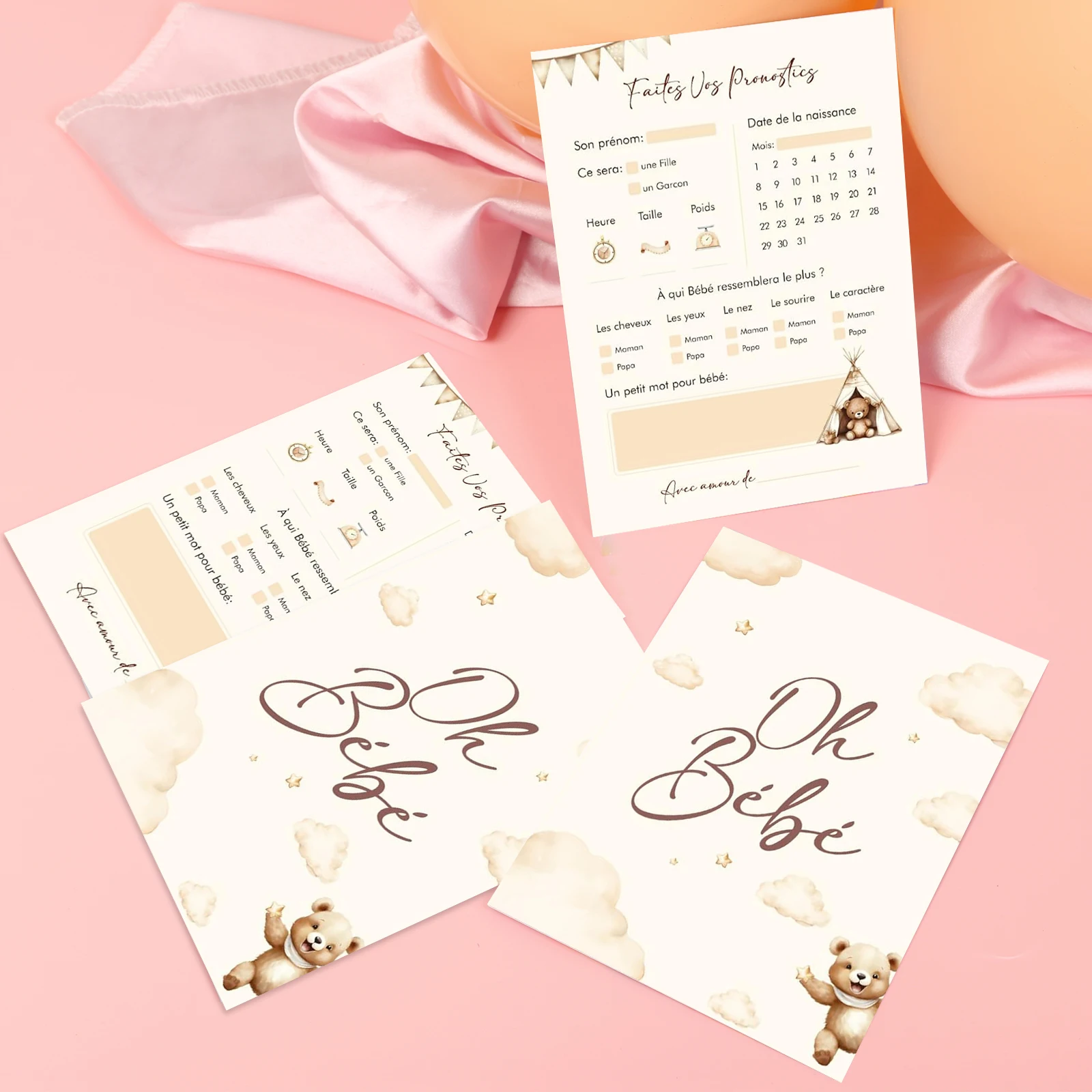 30pcs French Baby Shower Guessing Cards Cute Bear Guessing Cards, Predicting (Name, Size, Weight...) and Wishing Birth Guests, P