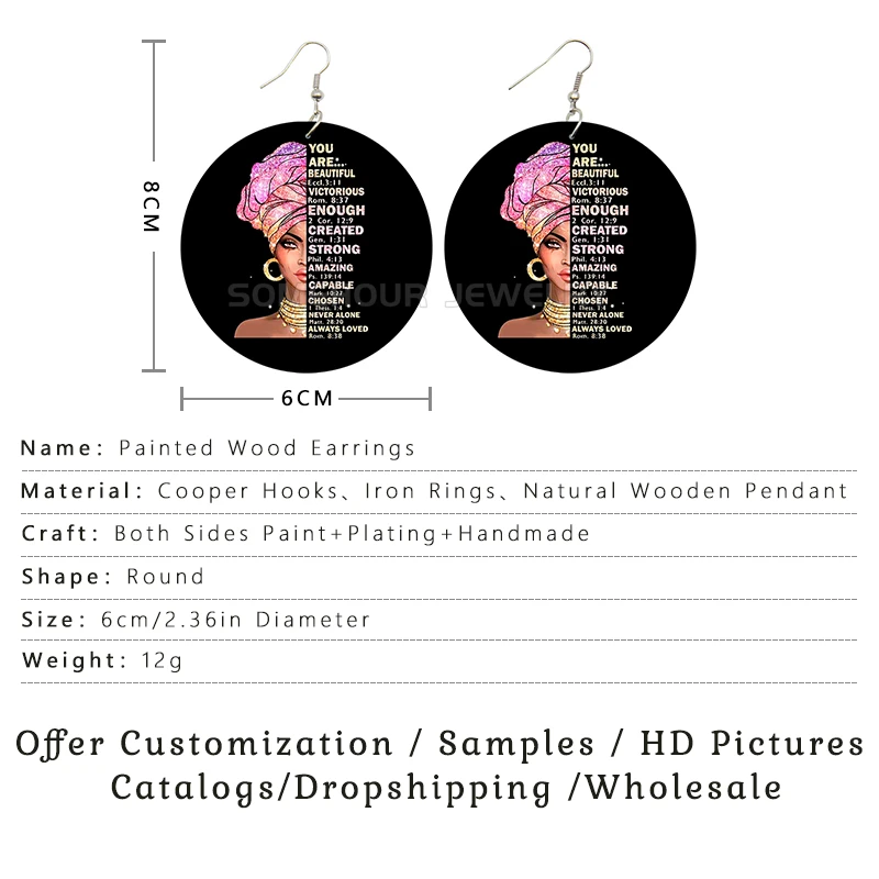 SOMEHOUR I Am Beautiful Black Woman Wooden Drop Earrings Strong Blessed Magic Sayings Printed Vintage Big Loops Dangle Jewelry