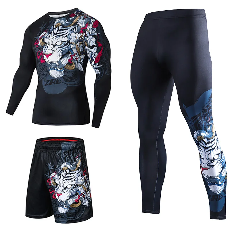 Chinese Style Men 3Piece Outfit Set Printe Gym Fitness Sports 3 in 1 Suit Running Jogging Sport Wear Exercise Workout Set