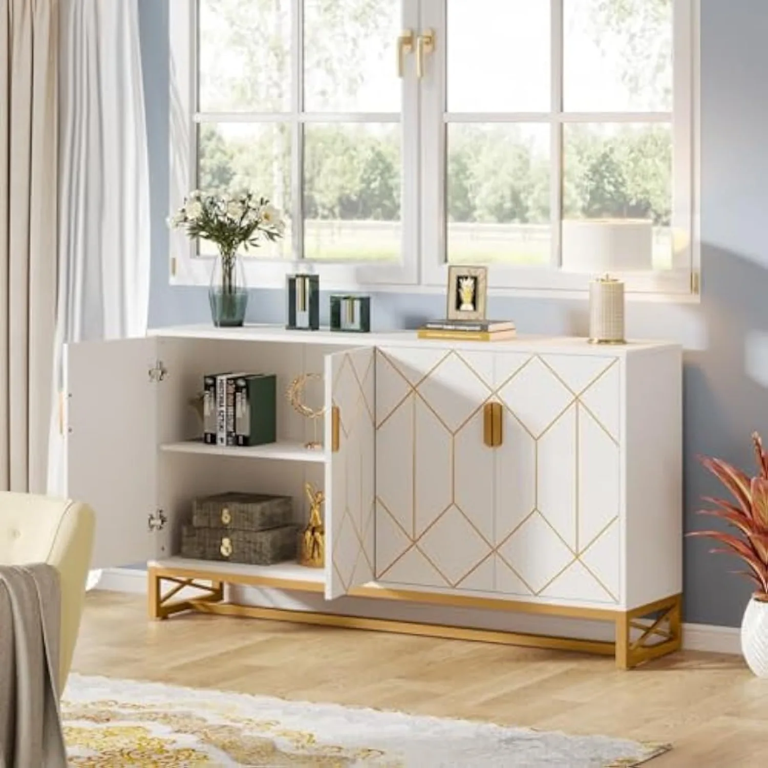 Storage Cabinet with Storage Shelves for Living Room, Modern Sideboard Buffets Cabinets Coffee Bar with Gold Metal Frame 4 Doors