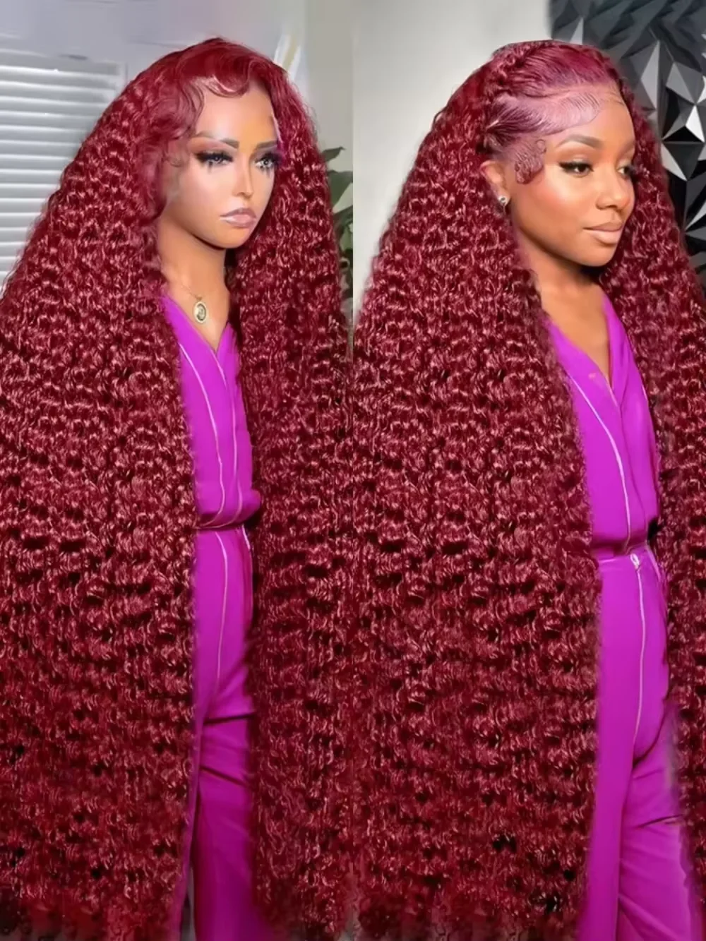 

200 Density 99J Burgundy 40 42 Inch Deep Wave 13x6 Lace Front Wig Curly Red Colored 13x4 HD Transparent Lace Frontal Human Hair