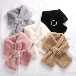 Korean Faux Rabbit Fur Collar Pearl Button Cross Plush Scarf Female Winter Double Sided Thick Neck Protection Warm Shawl T40