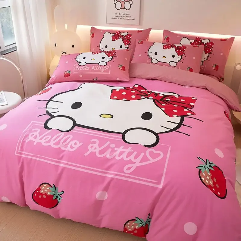 Sanrio Kitty Cotton 4piece Set Pochacco Cartoon Children's Bed 3piece Set Big-eyed Frog Bed Sheet Quilt Cover Pillowcase