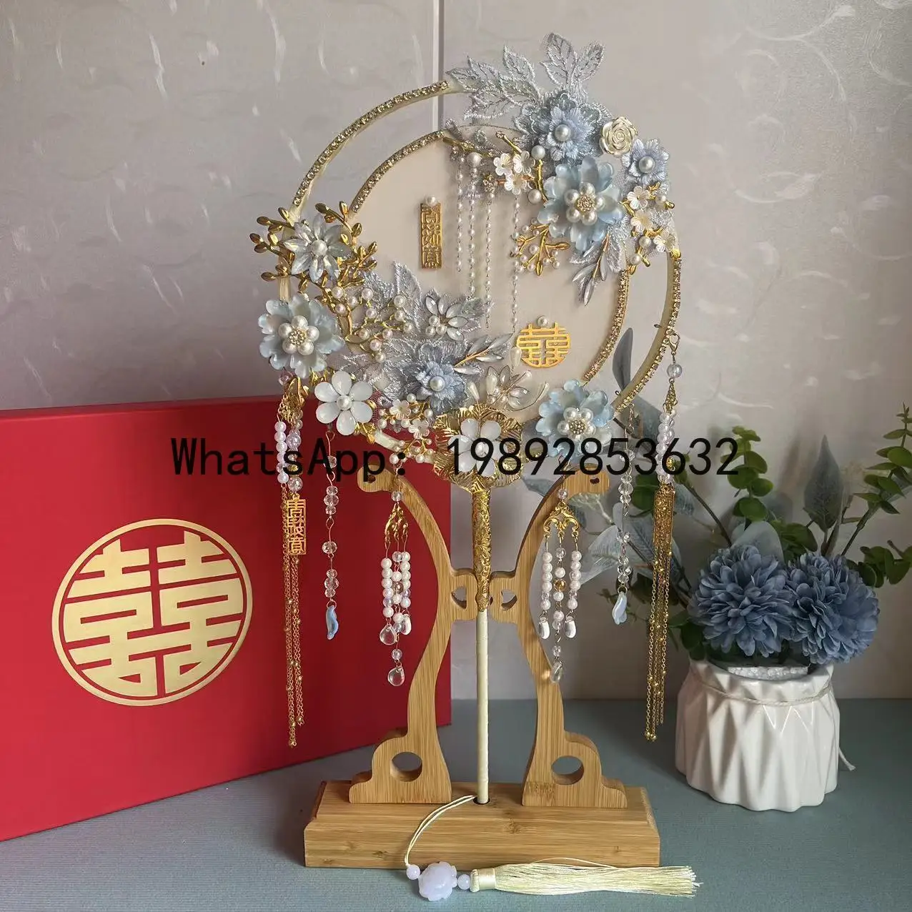 FS wedding fan wedding wedding Xiuhe handmade happy fan double-sided light heavy industry bride blue