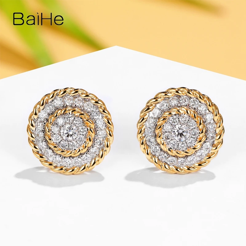 BAIHE Solid 14K White+Yellow Gold Natural Diamond Round Stud Earrings Women Wedding Engagement Fine Jewelry Pyöreät korvakorut