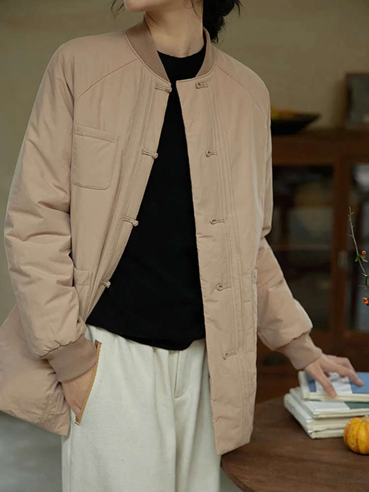 

Женская хлопковая куртка в стиле ретро в китайском стиле с воротником на пуговицах, теплая верхняя одежда с бейсбольным воротником, вдохновленная чайной церемонией