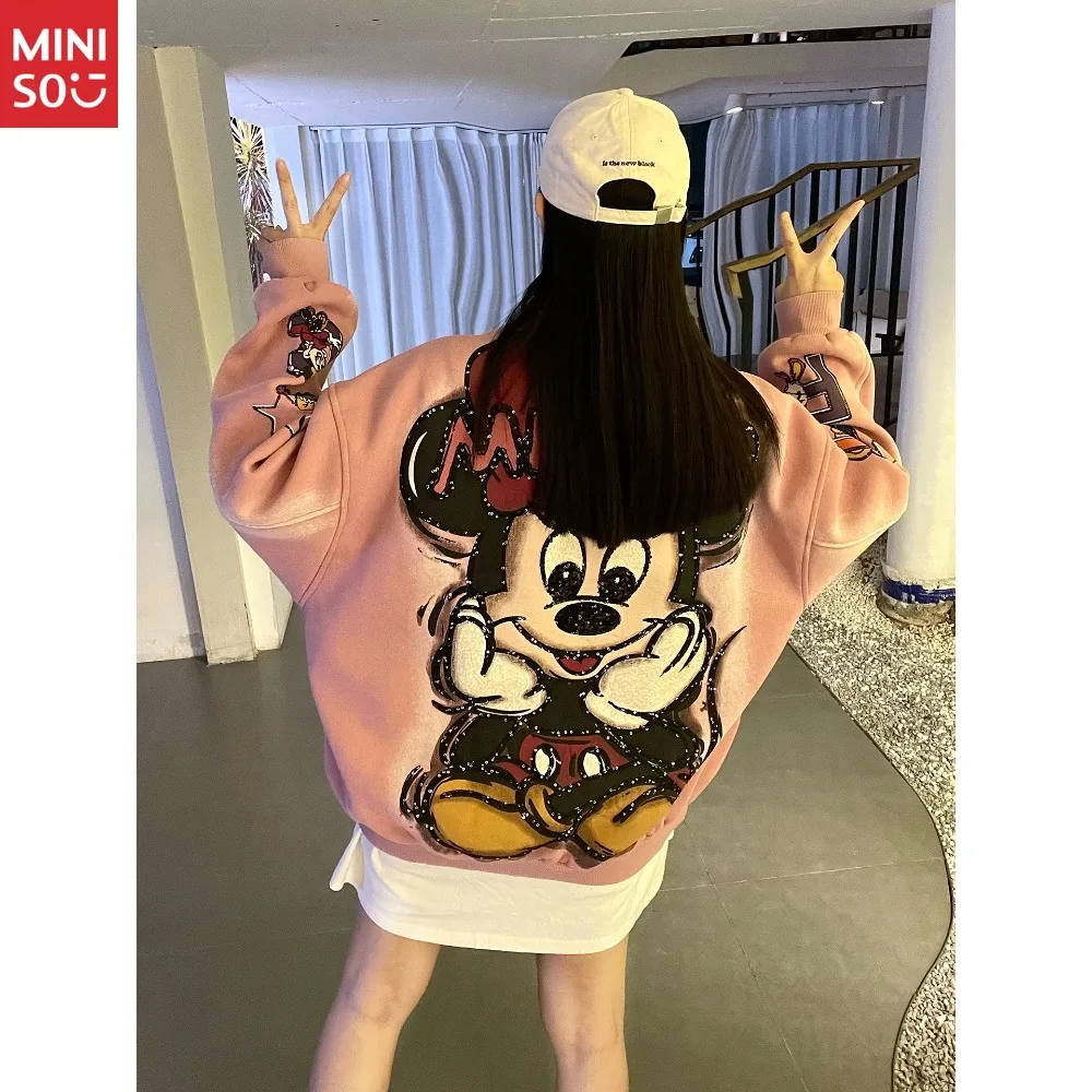 

Disney Mickey Embroidered Sequined Baseball Jersey Men and Women Autumn and Winter Retro Casual Loose Couple Jacket Tide