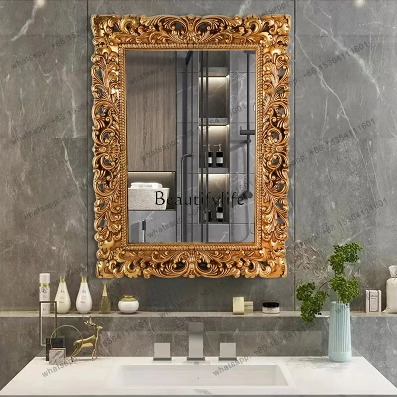 yj58 Thickened hollow carved square large hanging mirror European bathroom mirror