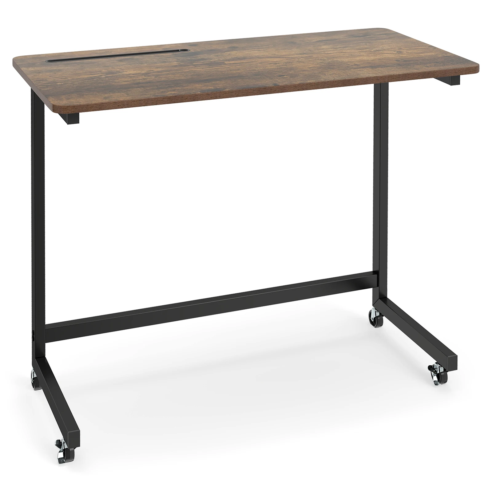 C-Shaped Rolling Side Table with Wheels & Tablet Slot, Metal Frame, Rustic Brown