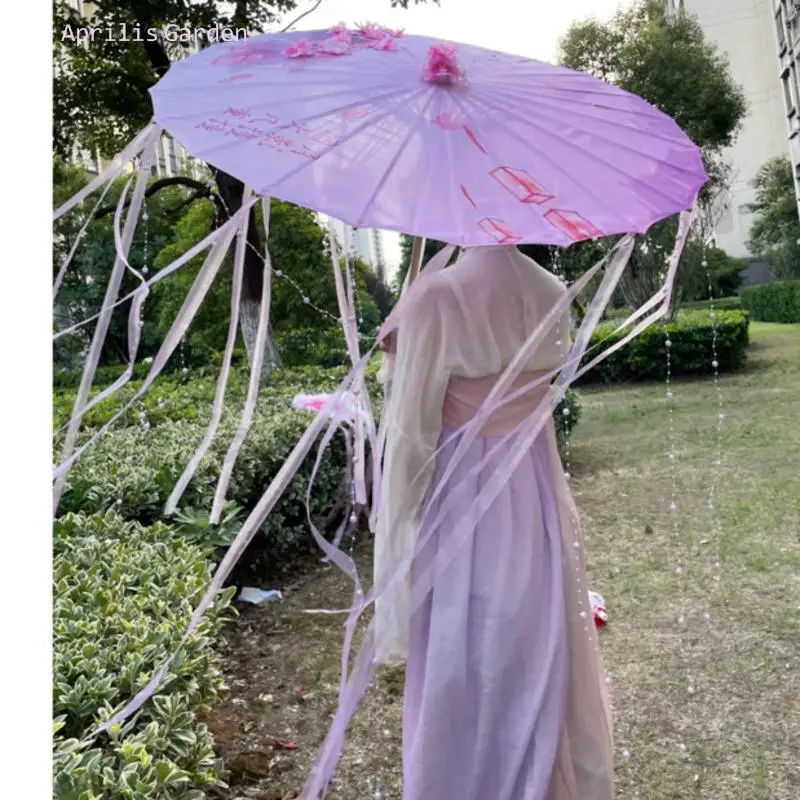 32inch Purple Hanfu Oiled Paper Umbrella Rain Women Photography Rain Proof Ribbon Antique Tassels Umbrella Fan Paraguas Parasol