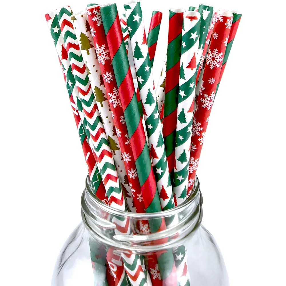 25pcs Biodegradable Christmas Paper Straws Dots Stripes Waves Straws for Beverage Christmas Holiday Birthday Party Decorations