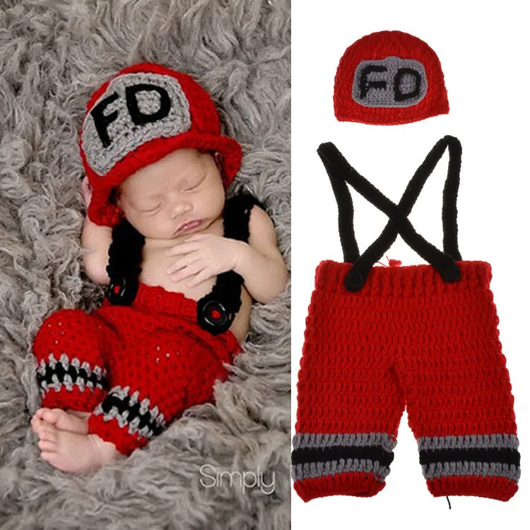 Baby Firefighter Costume Boy Girl Photo Outfits Newborn Photography Outfit Romper Children Handmade Hat Pants Shooting Props