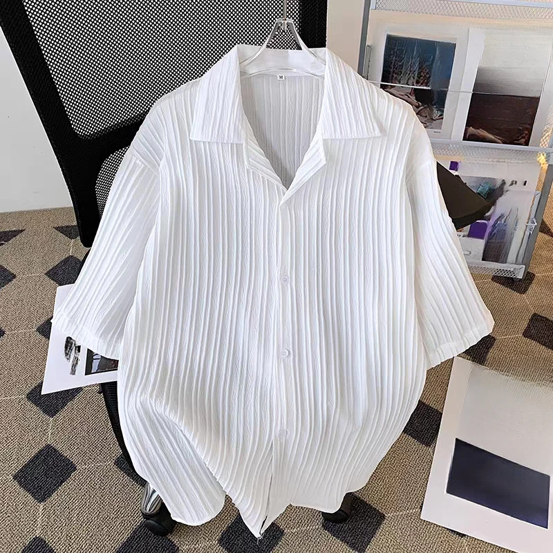 2026 Summer Men's Cuban Collar Textured Casual Shirt Short Sleeve Loose Breathable Beach Holiday Tops