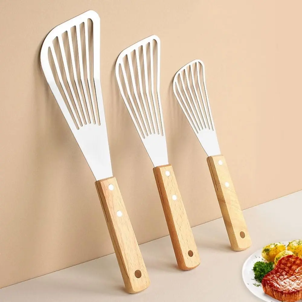 Stainless Steel Slotted Turner with Wooden Handle Multi‑size Oil‑draining Spatula for Steak Fish Frying