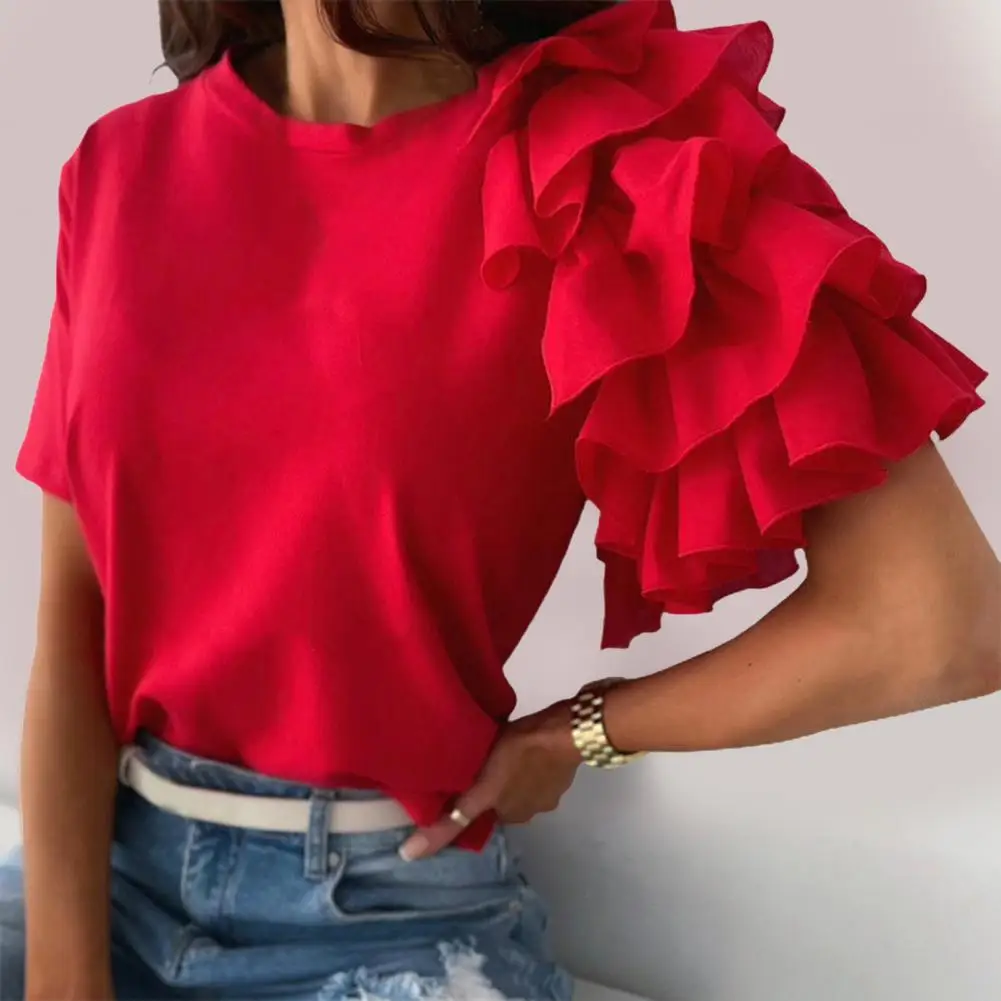 Casual Female T-shirt O-neck Anti Pilling Stretchy Breathable Women Top Layered Ruffle Short Sleeve Lady Shirt Blouse Streetwear