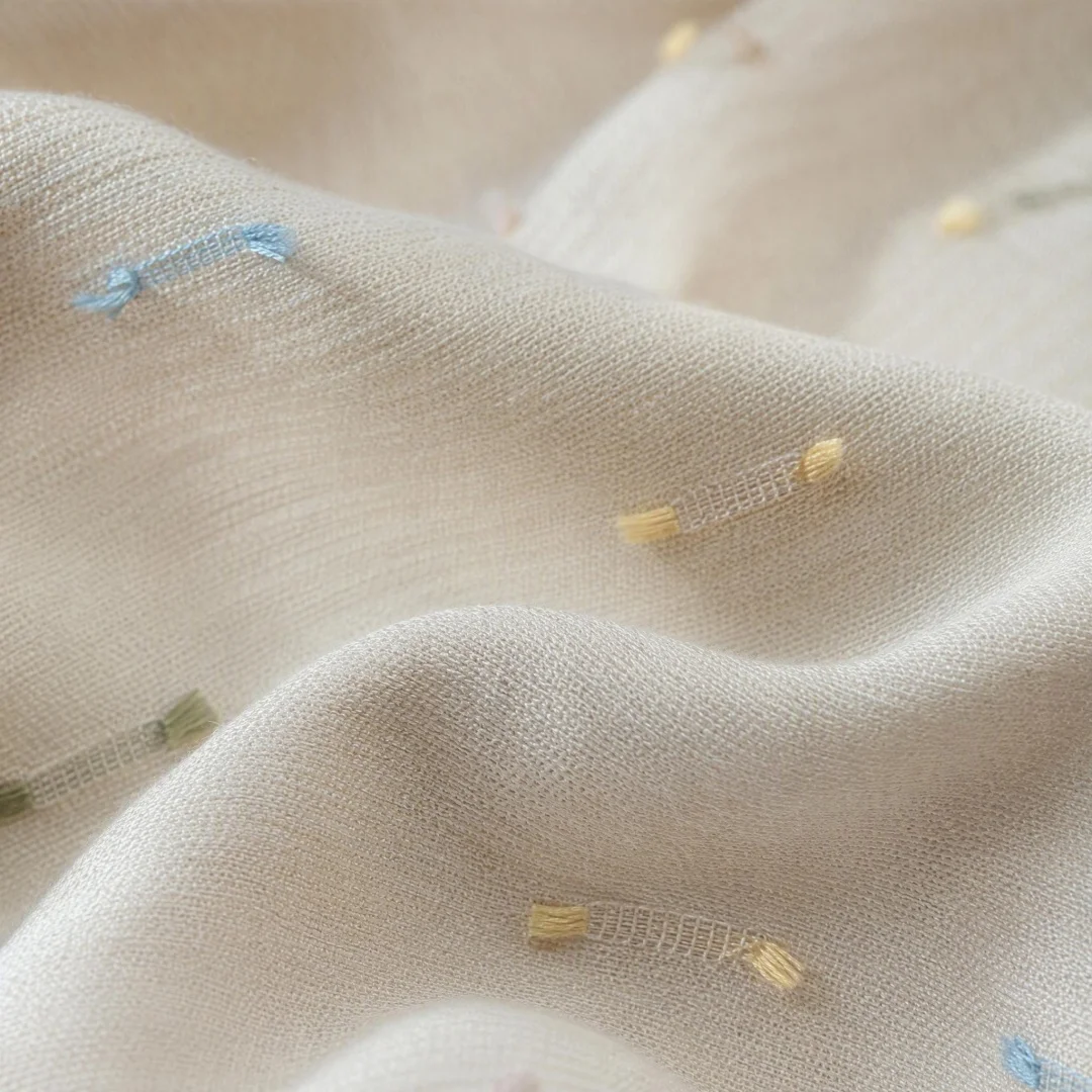 Minimalist Linen Curtains,Delicate Color Stitch Embroidery,Semi Sheer Light Filtering Drapes for Living Room,Bedroom
