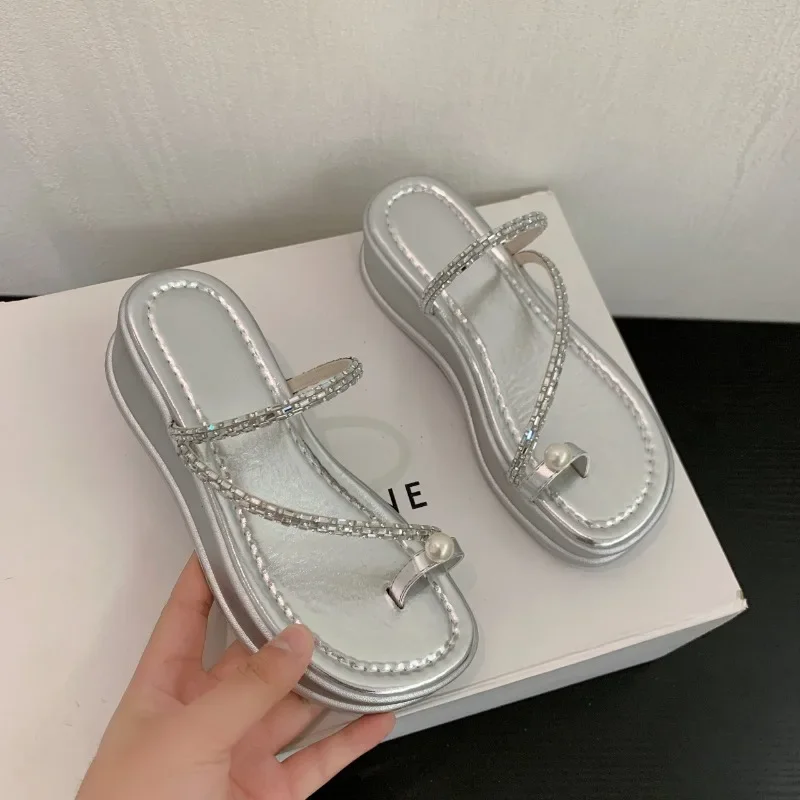 Shoes Ladies 2024 Summer New on Sale Fashion Metal Chain Women\'s Slippers Thick Sole Casual Beach Flip Flops Women Zapatos Mujer