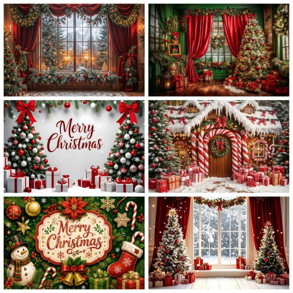 Christmas Tree Gift, Red Curtains, Snow Themed Banner Background, Birthday Party, Home Decoration, Photography Background Cloth