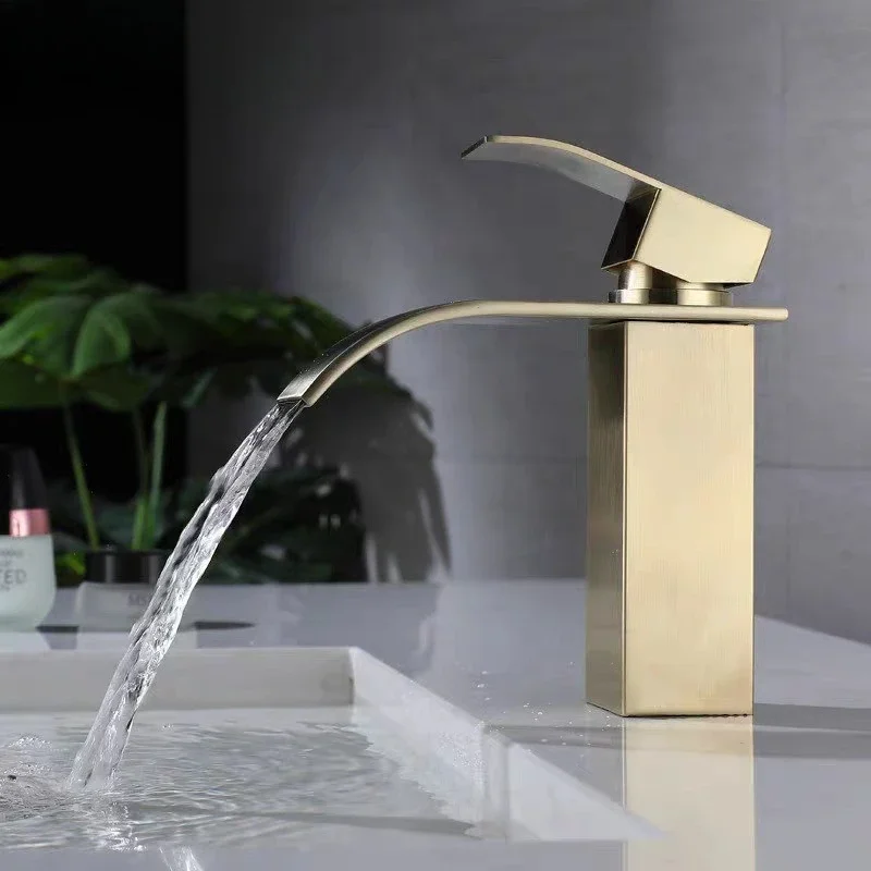 304 Stainless Steel Brushed Gold Waterfall Basin Faucet Hot/Cold Mixing Bathroom Four-Way Basin Faucet