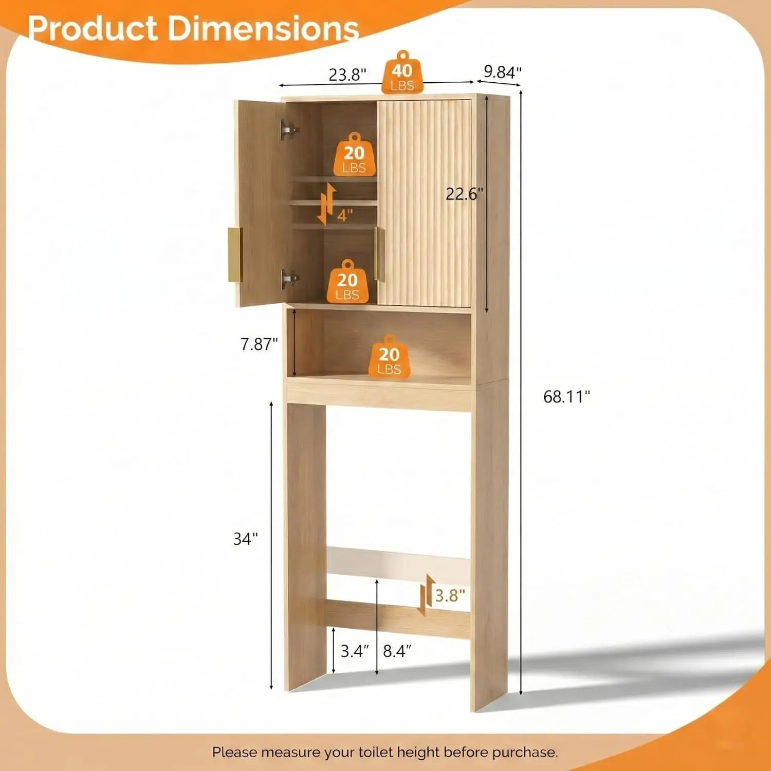 Wooden Over Toilet Storage Cabinet with Fluted Doors & Adjustable Shelves, Bathroom Space Saver, Oak, Customized