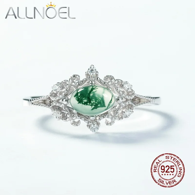 

ALLNOEL Retro Style Green Moss Ring 925 Sterling Silver Agate Ring Female for Women Men Fine Jewelry Party Gifts Gold Plated