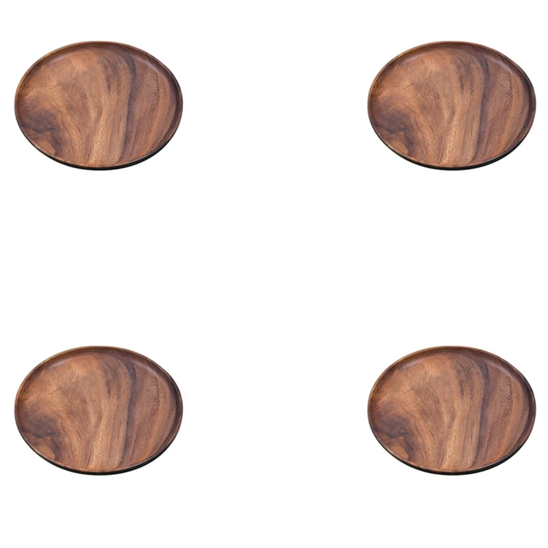 

4X Round Solid Wood Board Whole Acacia Wood Fruit Plate Wooden Saucer Tea Plate Dessert Dinner Breakfast Plate