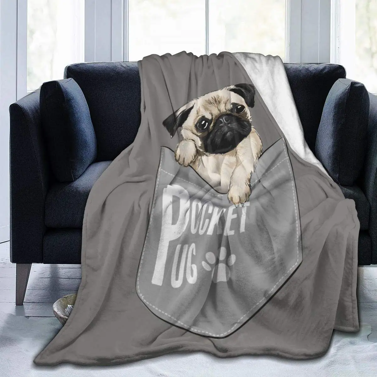 Flannel Throw Blanket Cute Pocket Pug Dog Cartoon Gray Cozy&Soft Plush Blankets for Bed Couch Living Room Sofa Chair