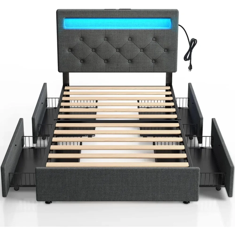 Bed Frame with Charging Station and LED Lights, Upholstered Bed with Adjustable Headboard and 4 Storage Draw