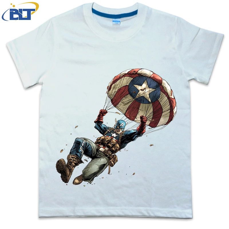 Captain America parachuting print kids T-shirt pure cotton short-sleeved casual cartoon top for boys and girls