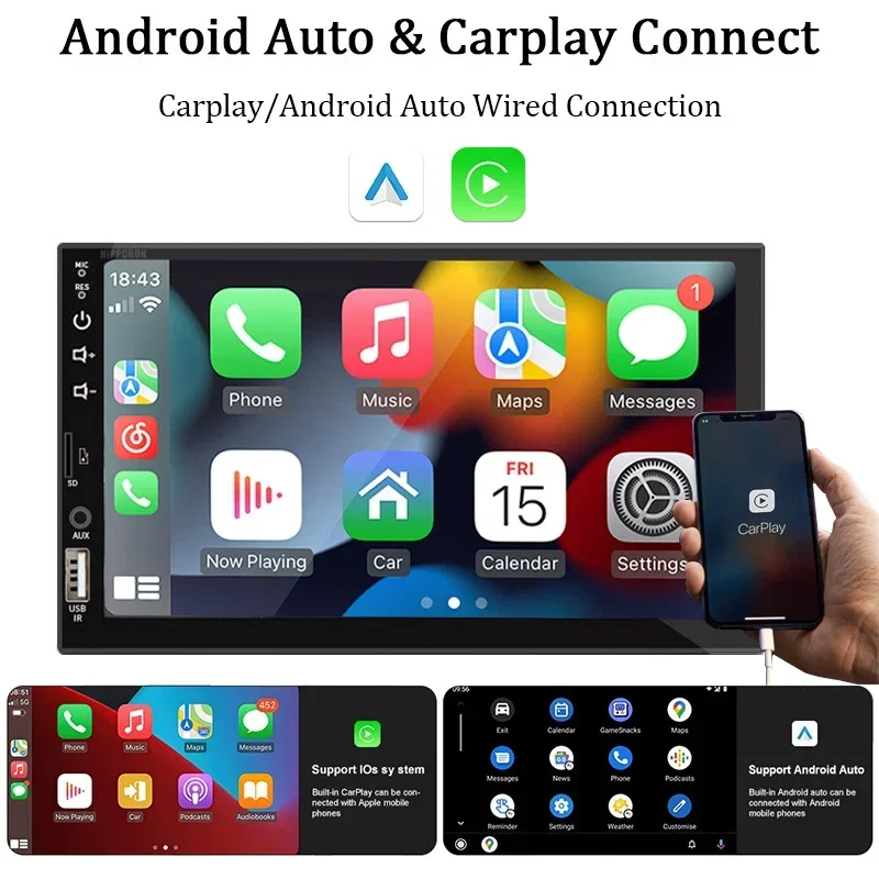 Car Multimedia Player with HD Touch Screen, Universal Radio, Carplay Android, 1 Din, 7 in, FM, AUX Input, Bluetooth, MirrorLink