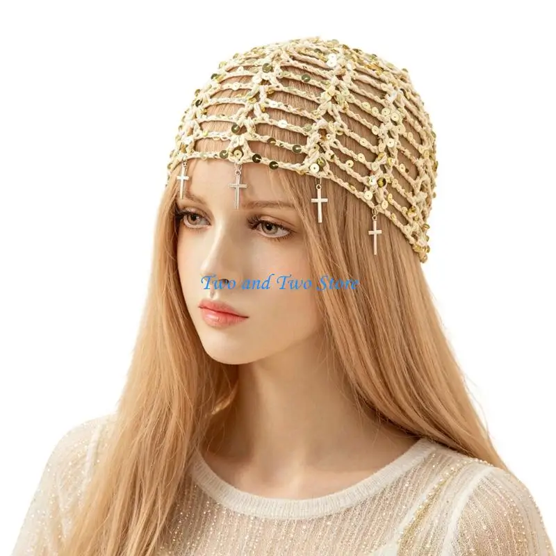 HX6F Hand-Crocheted Brimless Cap For Women Girl with Open Mesh Texture and Crossed Charm Detail, Travel Headwear Skull Hat for