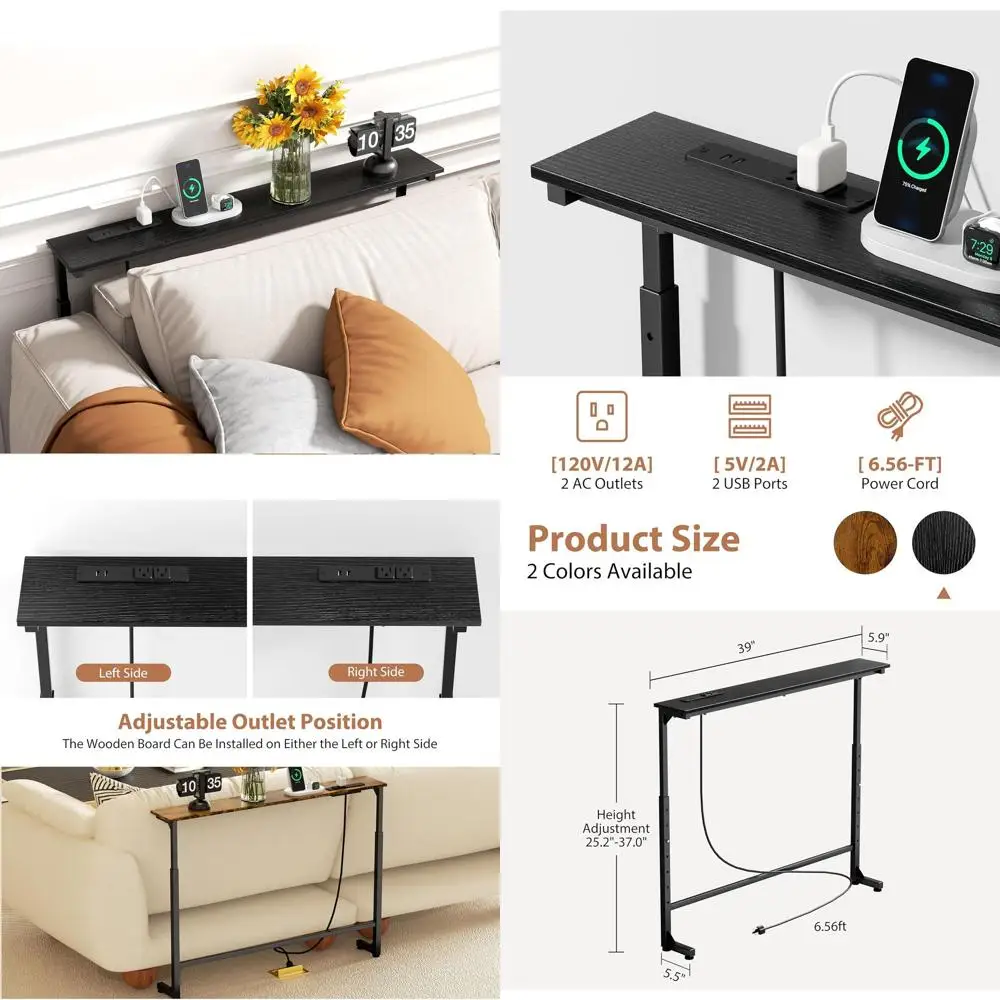 

Узкий консольный столик с регулируемой высотой и розетками, идеально подходит для гостиной, прихожей и офиса - черный