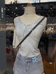 New Blue Ruffles V Neck Tank Tops Women Summer Solid Sleeveless Folds Bow Slim Crop Top Y2k Femme Casual Sweet Cropped Vests