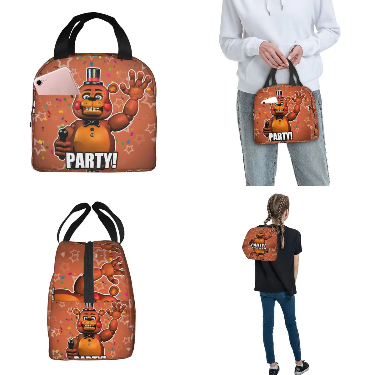 FNAF At Freddys Merch Isolierte Lunch-Tragetasche für Picknick-Aufbewahrung, Lebensmittelboxen, wiederverwendbare Thermo-Kühlboxen, Lunchboxen