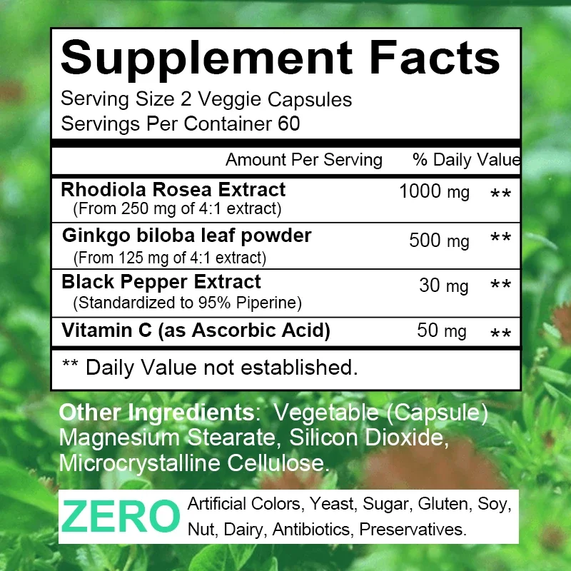 100% Natural Plant Rhodiola Rosea Capsule Supplement - Super Adaptogen Helps Relieve Stress, Healthy Brain & Mood Regulation